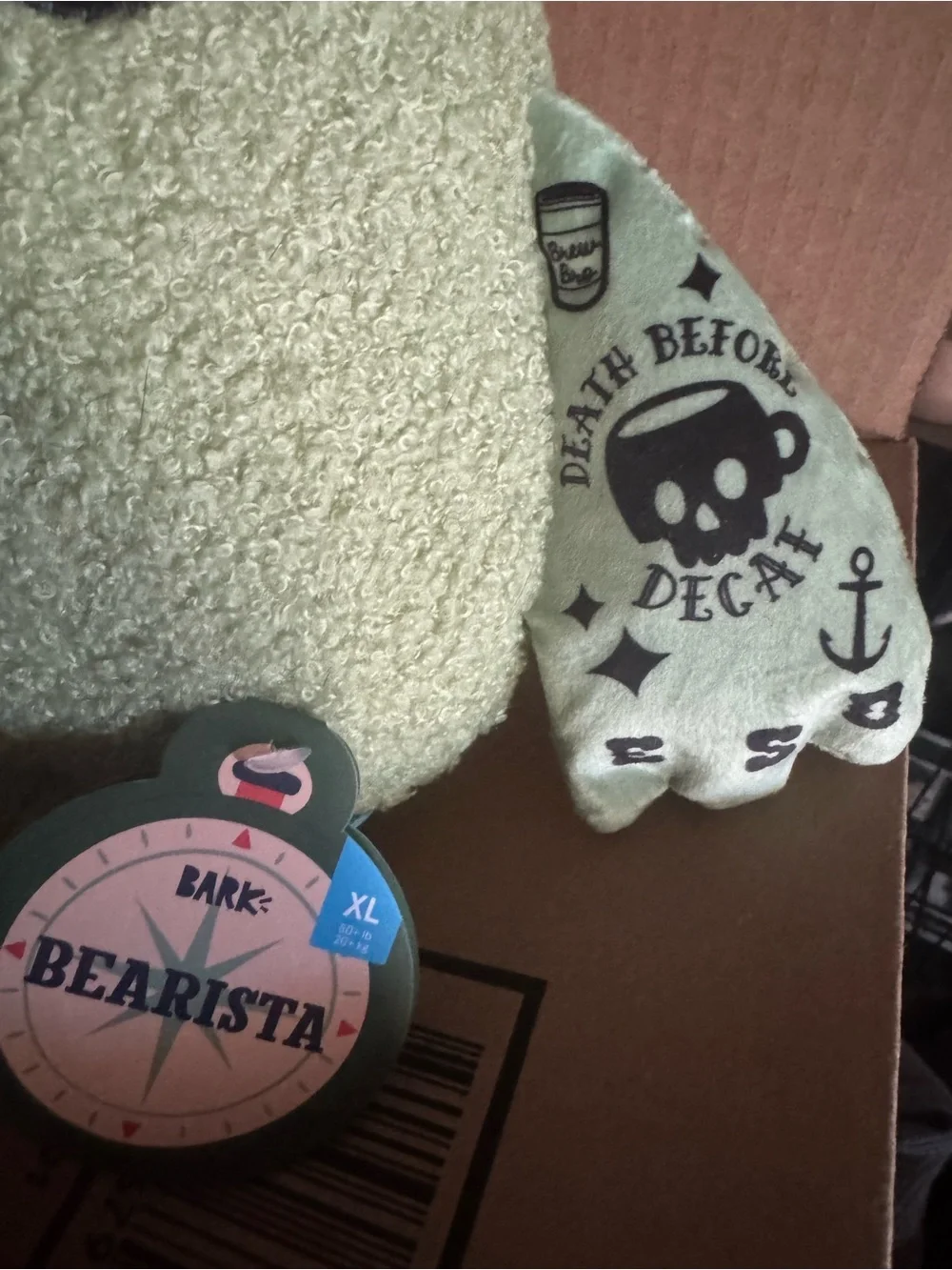 Bark Box XL Bearista death before decaf Giant dog toy NEW crinkle, squeak thrash